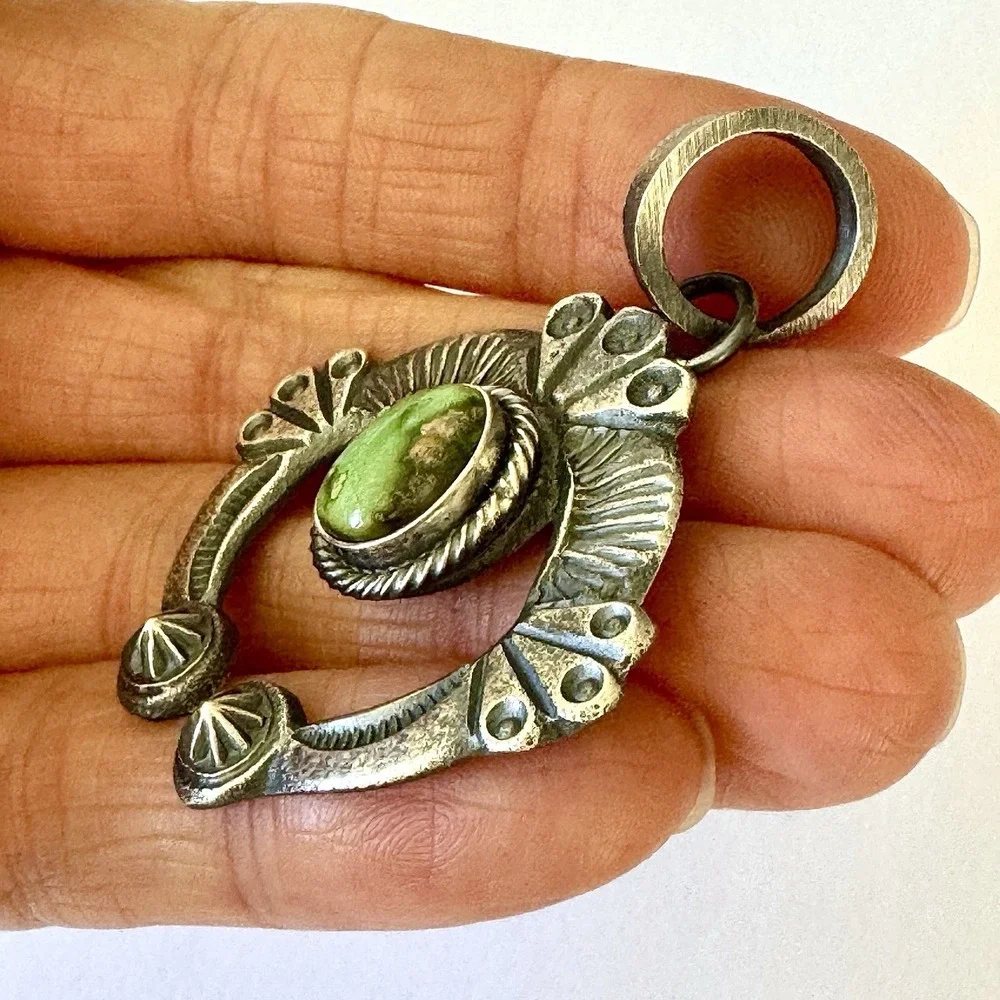 Navajo Turquoise Naja Pendant 2in Signed Billah‎ Squash Native American Handmade